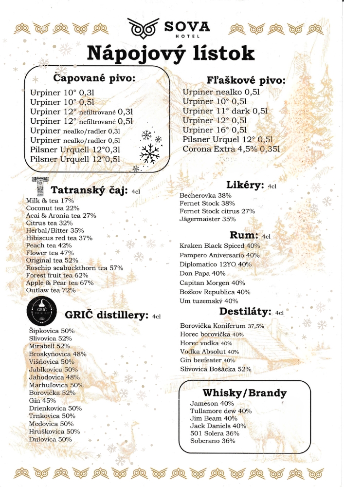 Karta napojów Sova Restauracja - Wino, piwo, napoje bezalkoholowe restauracja Ždiar
