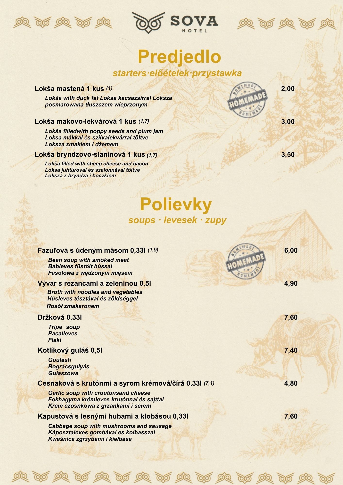 Menu Sova reštaurácie strana 1 - Polievky a predkrmy, tradičná slovenská kuchyňa Ždiar