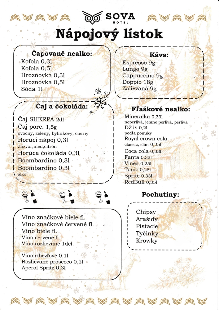 Nápojový lístok Sova reštaurácie - Teplé nápoje, káva, čaj reštaurácia Ždiar