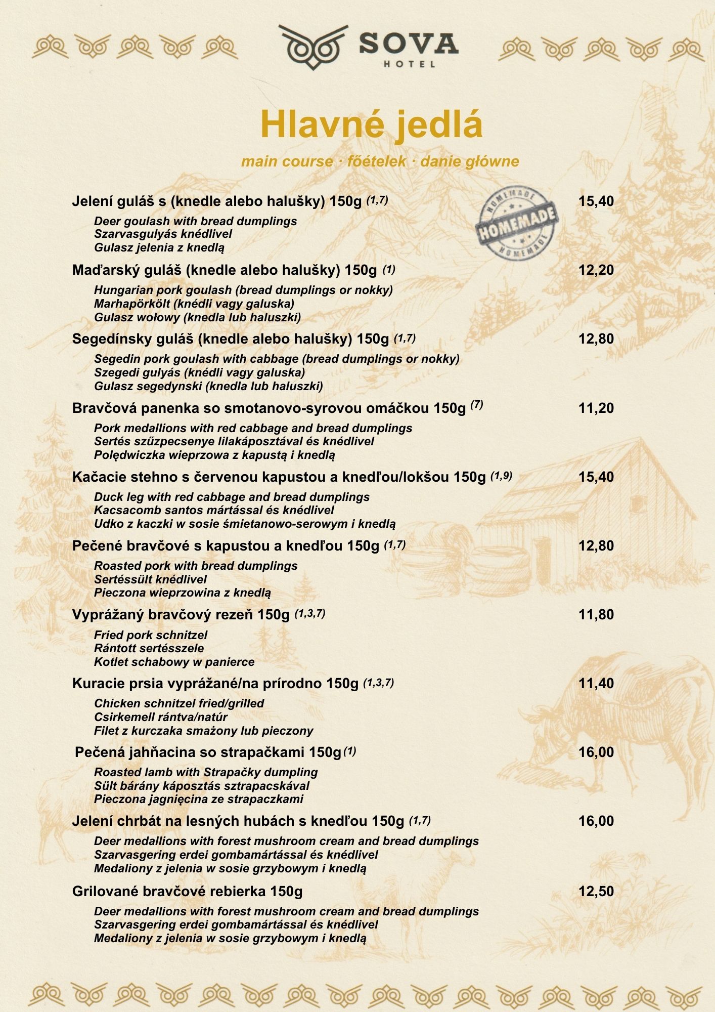 Menu Sova reštaurácie strana 2 - Hlavné jedlá, bryndzové halušky, pirohy, goralské špecality