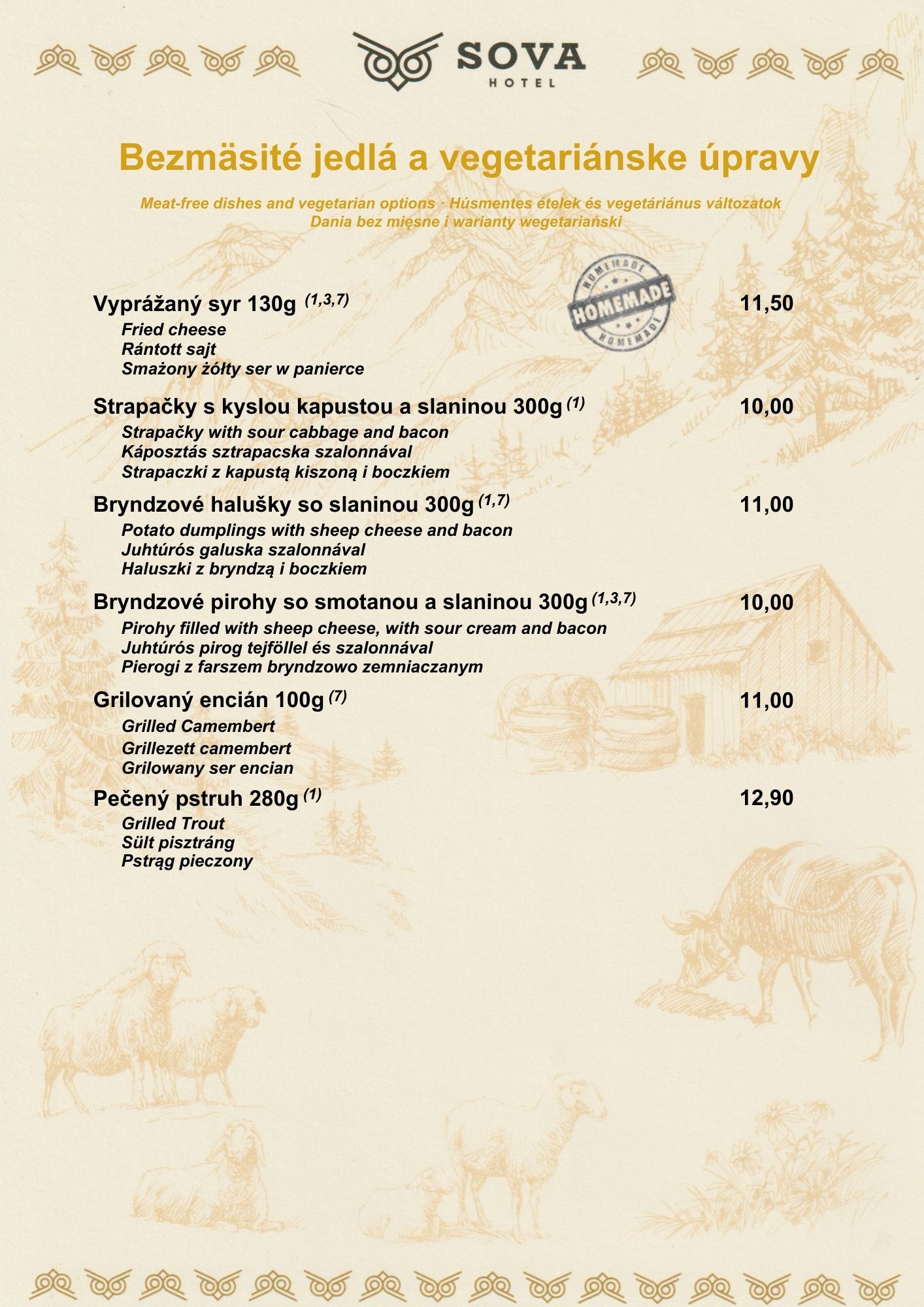 Menu Sova reštaurácie strana 3 - Mäsové jedlá, tradičné mäsové špecality reštaurácia Ždiar