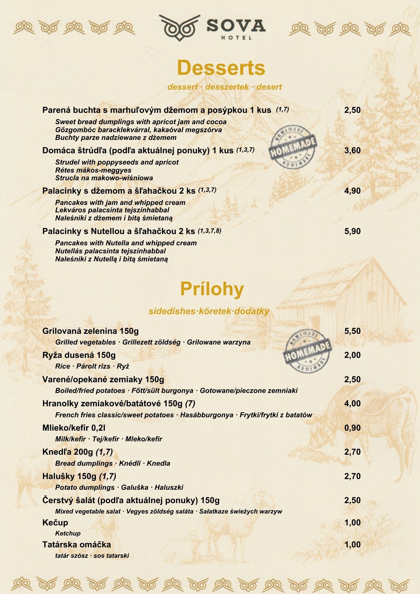 Menu Sova reštaurácie strana 4 - Ďalšie jedlá a špecality reštaurácia pod Tatrami