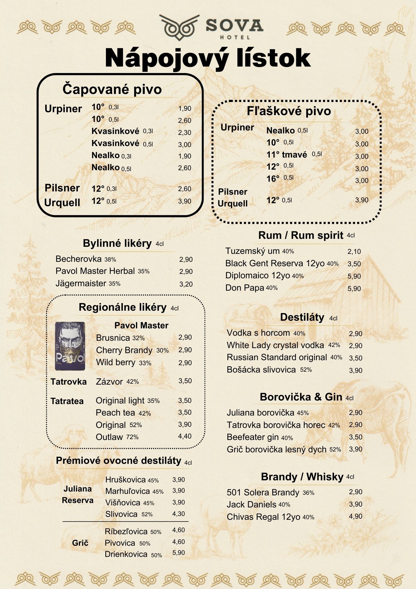 Nápojový lístok Sova reštaurácie - Víno, pivo, nealko nápoje reštaurácia Ždiar