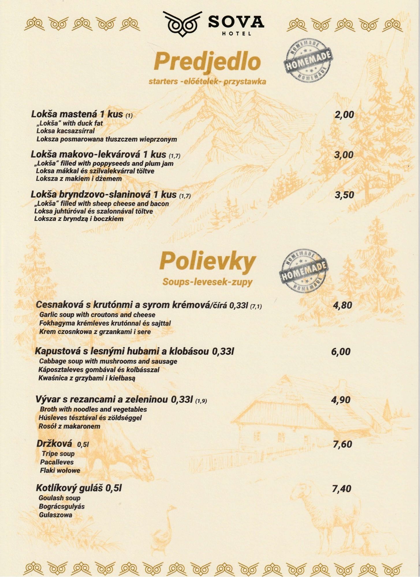 Menu Sova Restauracja strona 1 - Zupy i przystawki, tradycyjna kuchnia słowacka Ždiar