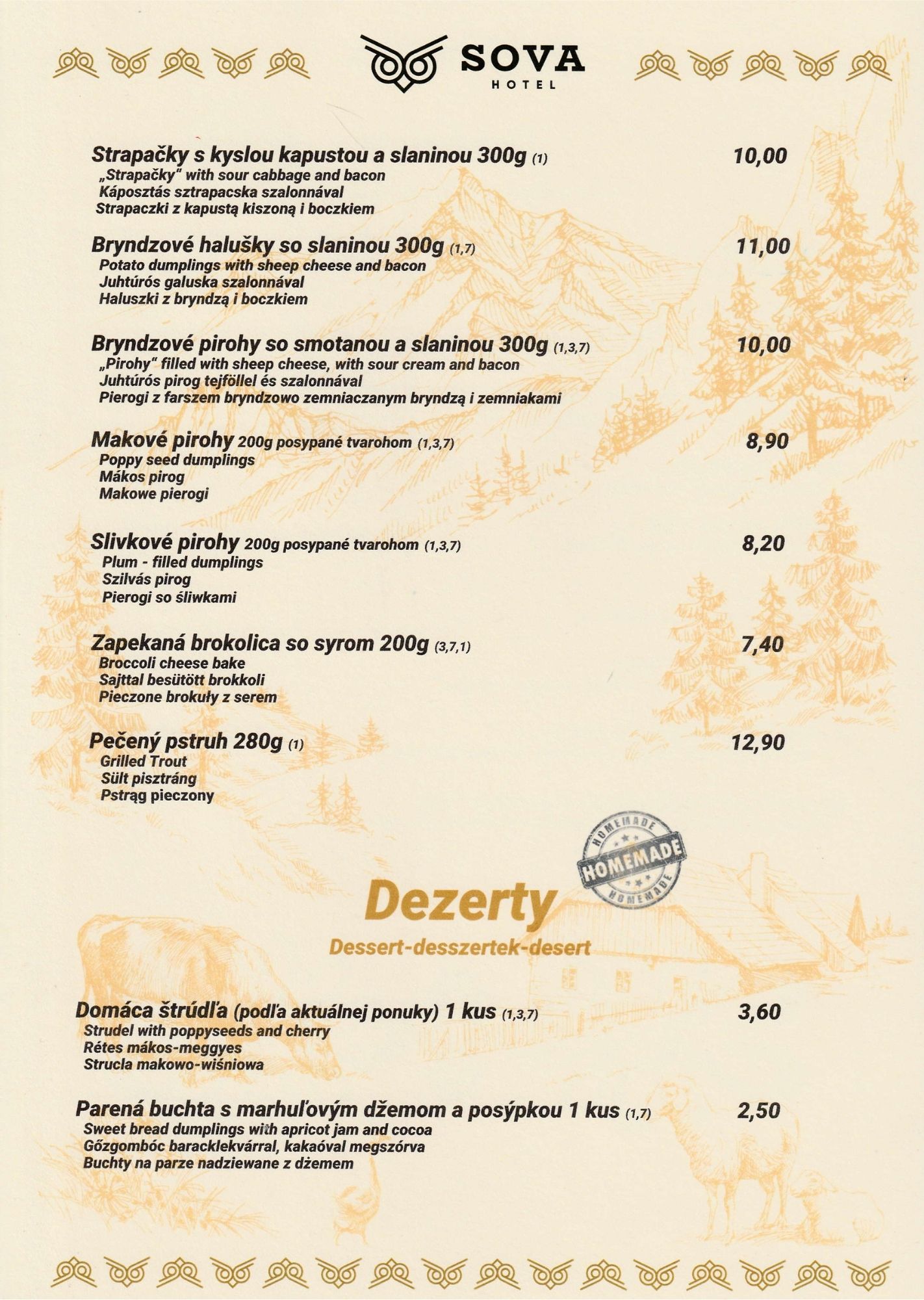Menu Sova Restauracja strona 3 - Dania mięsne, tradycyjne mięsne specjały restauracja Ždiar